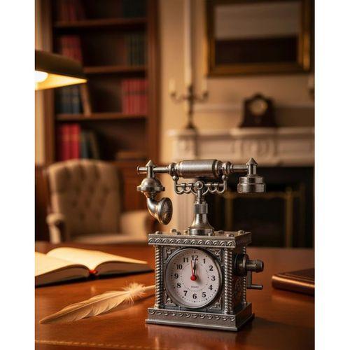 Vintage Telefon Tasarımlı Masa Saati Ve Çalar Saat Dekoratif Model