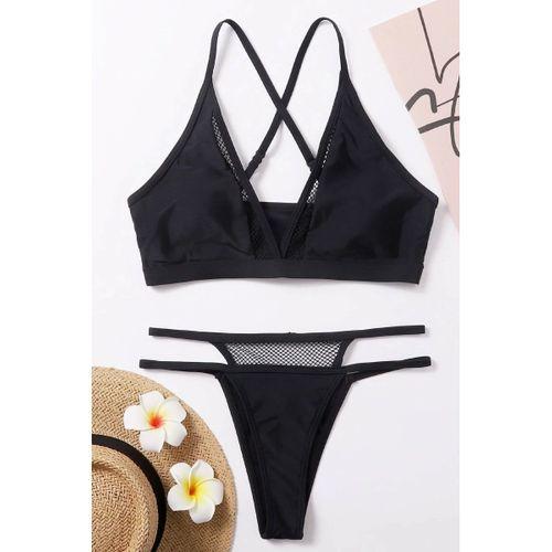 Siyah File Detaylı Şık Bikini Takımı Yüksek Bel Esnek Kumaş Yazlık Kadın Mayo Seti