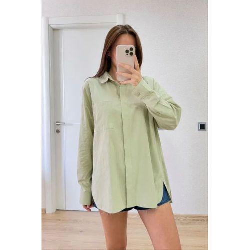 Oversize Pens Detaylı Cepli Yırtmaçlı Rahat Kalıp Poplin Gömlek - Yeşil
