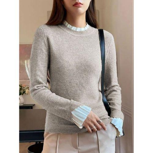 Kadın Uzun Kollu Fırfırlı Yakalı Triko Krem Bluz