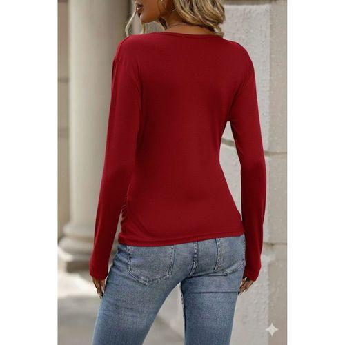 Kadın Uzun Kollu Kruvaze Yaka Yanlardan Büzgülü Viskon Bluz