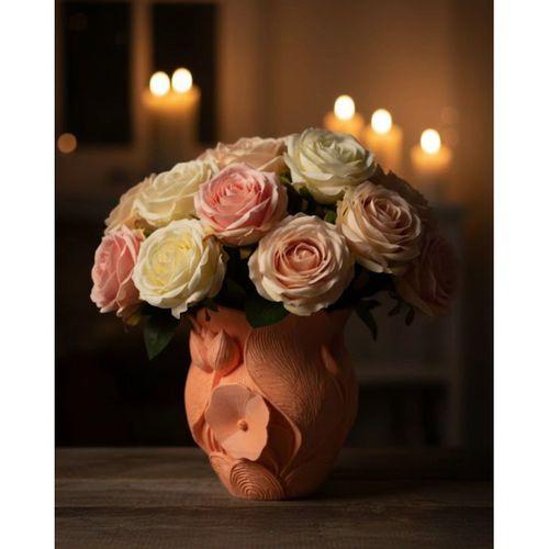 3d Kabartmalı Çiçek Motifli Turuncu Dekoratif Vazo