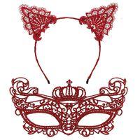 Lüks Kırmızı Dantel Taçlı Maske Seti 2 No - Parti, Balo, Kostüm Aksesuarı