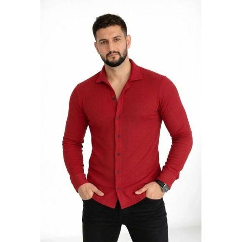 Erkek Waffle Kumaş Uzun Kollu Düğmeli Açık Yaka Regular Fit Gömlek - Kırmızı