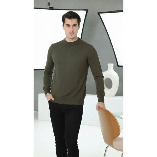 Erkek Bisiklet Yaka Triko Kazak Yumuşak Dokulu Pamuklu Ince Dokuma Uzun Kollu - Haki