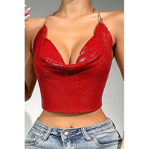 Kristal Kırmızı Taşlı Parlak Crop & Bluz Kolsuz Kayık Yaka Parti Plaj Büstiyer