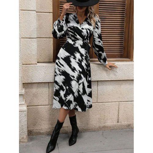 Kadın Uzun Kollu Kruvaze Yakalı Yandan Bağlamalı Desenli Mini Modal Elbise