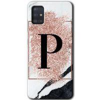 Potkal Hediye Fabrikası Samsung Galaxy A51 HD Baskılı Kılıf + 9D Tam Ekran Koruyucu - Pembe Mermer Desenli P Harfi