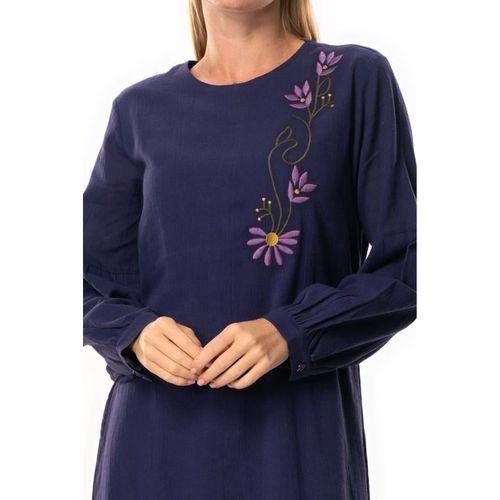 Uzun Kol Şile Bezi Gülşah Bisiklet Yaka Nakışlı Uzun Yazlık Elbise Mor Mor