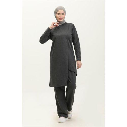 Kruvaze Bisiklet Yaka Sade Basic Tunik Panolon İkili Takım - 03076.017 - Antrasit