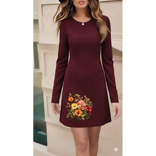 Kadın Uzun Kollu Bisiklet Yaka çiçek Desenli Mini Dalgıç Elbise