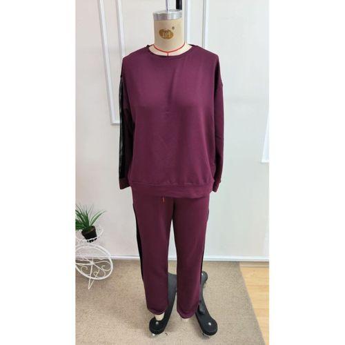 Kadın Uzun Kollu Bisiklet Yakalı File Tül Detaylı Viskon Iki Iplik Bluz Ve Pantolon Ikili Takım