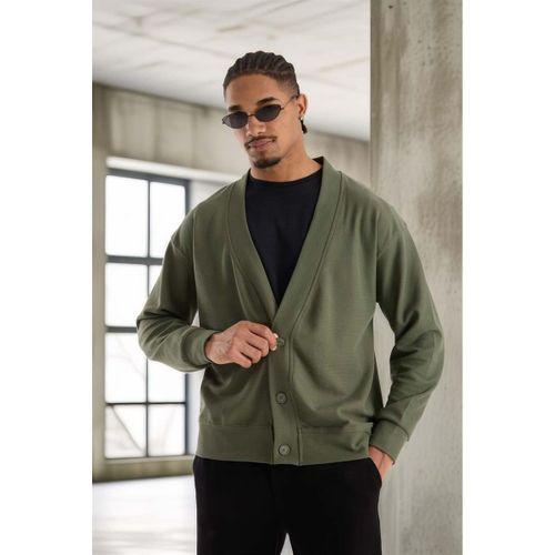 Potter Dokulu Selanik Kumaş Oversize Basic 3 Düğmeli Erkek Hırka - Avcı Yeşili