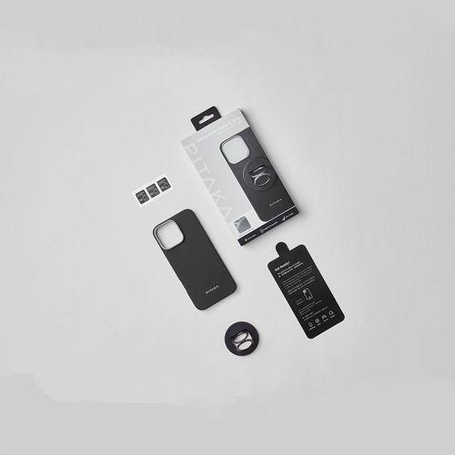 Apple iPhone 16 Pro Max Kılıf M-safe Şarj Özellikli Grip 3 Standlı 600D Aramid Fiber Pitaka Ultra-Slim Classic Serisi Black-Grey Twill Kapak