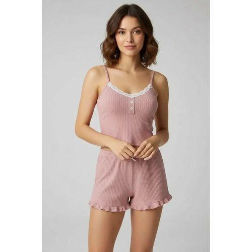 Kadın Pudra Dantel Detaylı Şortlu Gecelik Pijama Takımı Şık Rahat 2’li Set