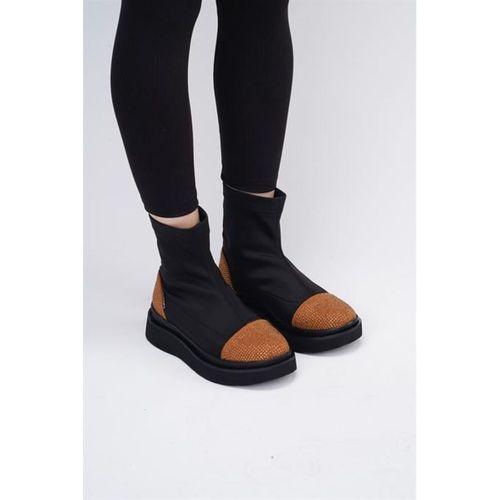 Afron Siyah Renkli Taba Deri Detaylı Taşlı Kışlık Kadın Bot