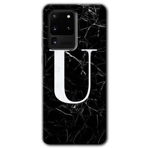 Galaxy S20 Ultra Kılıf HD Desen Baskılı Arka Kapak - Siyah Mermer Desenli U Harfi + Kırılmaz Cam