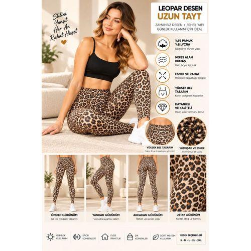 Kadın Leopar Desenli Yüksek Bel Uzun Tayt – %92 Pamuk %8 Lycra, Esnek Kumaş - ryl - 3005