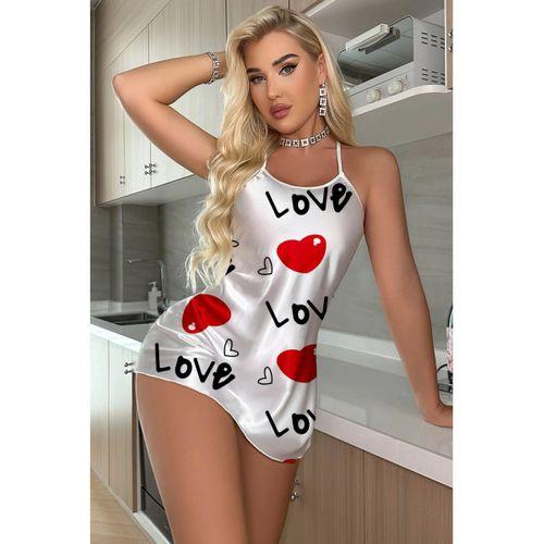 Love Desenli Beyaz Saten Gecelik