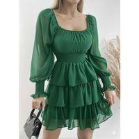 Kadın Uzun Kollu Kare Yaka Beli Lastikli Volanlı şifon Elbise