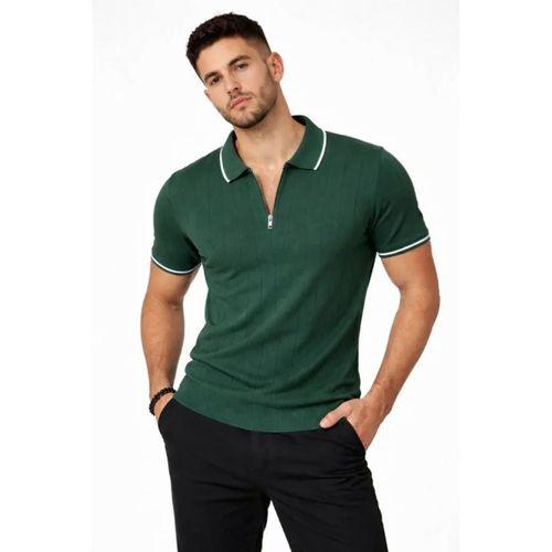 Erkek Fermuarlı Yaka Fitilli Triko Kısa Kollu Regular Fit Tişört T-shirt - Yeşil