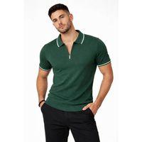 Erkek Fermuarlı Yaka Fitilli Triko Kısa Kollu Regular Fit Tişört T-shirt - Yeşil