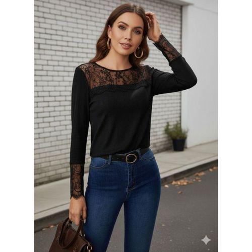 Kadın Uzun Kollu Bisiklet Yaka Dantel Detaylı Burgu Bluz
