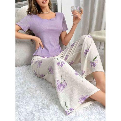 Kadın Mor Çiçek Desenli Uzun Pijama Takımı Yumuşak Pamuklu Rahat Ev Giyimi Özel Tasarım