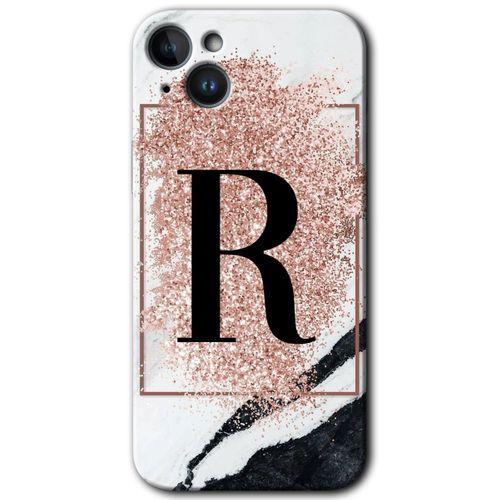 iPhone 14 Plus Kılıf HD Desen Baskılı Arka Kapak - Temperli Cam - Pembe Mermer Desenli R Harfi