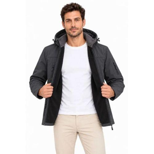 Erkek Su Geçirmez Softshell İçi Polar Astarlı Çıkarılabilir Kapüşonlu 4 Cepli Mont Ceket - Füme