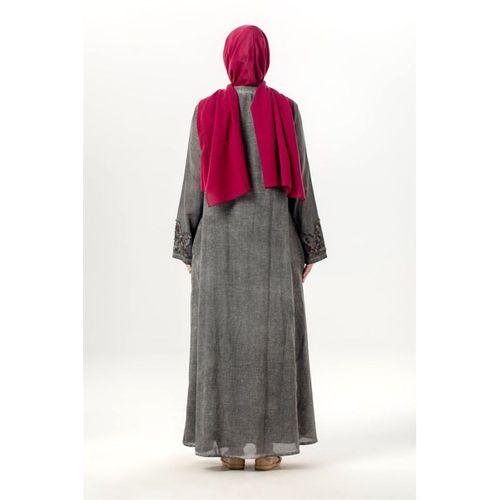 Uzun Kol Nuray Düğmeli Yuvarlak Yaka Çift Cepli Poplin Ferace Füme Fm