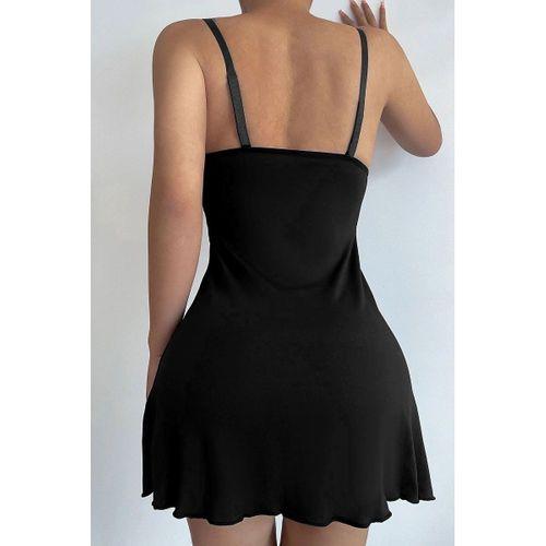 Kadın Siyah Askılı Beli Dantelli Göğsü Fiyonklu Şık Gecelik