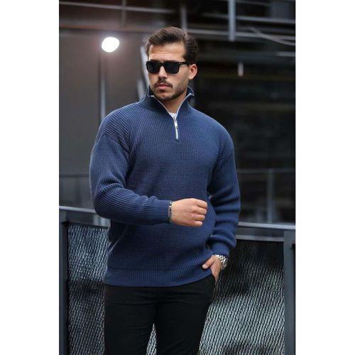 Oversize Selanik Örgü Yarım Fermuar Erkek Triko Kazak - İndigo