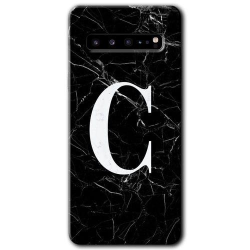 Potkal Hediye Fabrikası Samsung Galaxy S10 Plus Kılıf HD Desen Baskı Arka Kapak + TemperliCam - Siyah Mermer Desenli C Harf