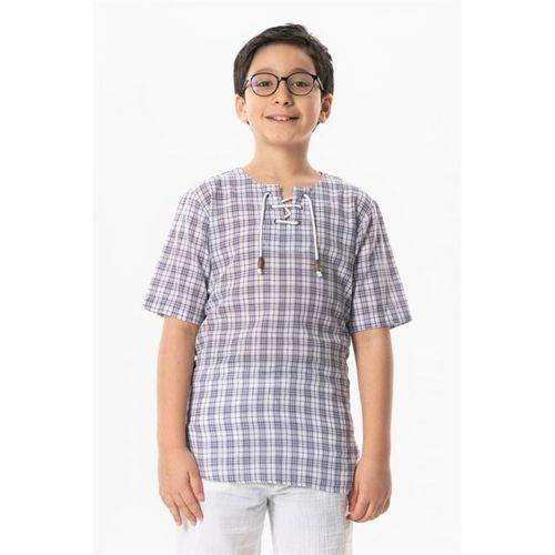 Kısa Kol Şile Bezi Zımbalı Yazlık Erkek Çocuk Tshirt Mor Kareli 3035