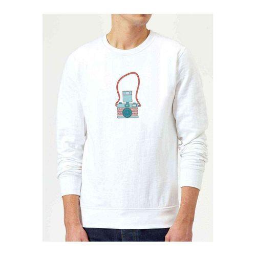 Etnik Renk Fotoğraf Makinesi Baskılı Beyaz Erkek Sweatshirt