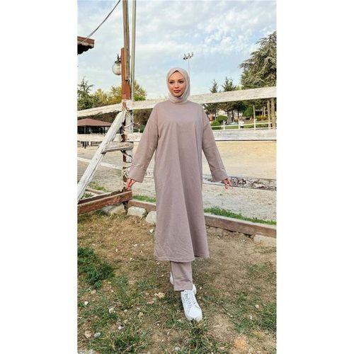 O Yaka Yırtmançlı Uzun Geniş Rahat Tunik Pantolon Sade Basic Spor Takımı - 03040.016 - Vizon