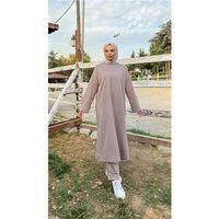 O Yaka Yırtmançlı Uzun Geniş Rahat Tunik Pantolon Sade Basic Spor Takımı - 03040.016 - Vizon