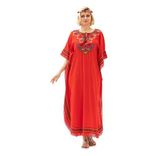 Kısa Kol Şile Bezi Gülseren Uzun Yazlık Otantik Elbise Kırmızı Krmz