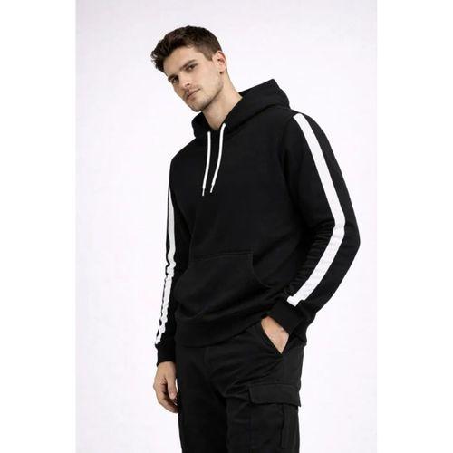 Erkek Şeritli Kapüşonlu Sweatshirt Oversize 3 Iplik Pamuklu - Siyah