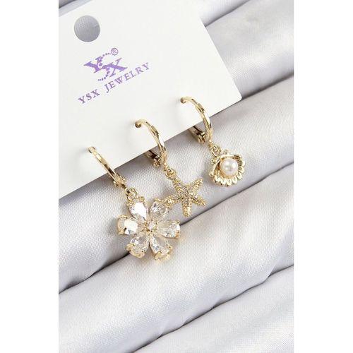 Pirinç Zirkon Taşlı 3'lü İstiridye Ve Çiçek Model Gold Renk Kadın Küpe