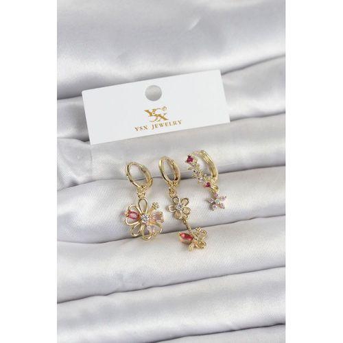 Pirinç Gold Renk Çiçek Model 3'lü Kadın Küpe