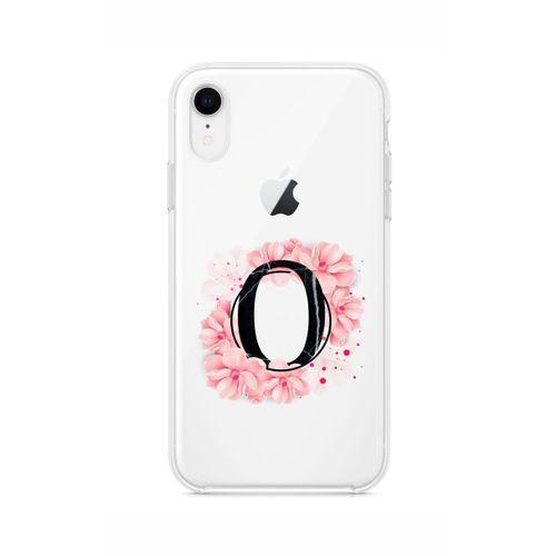 iPhone XR Pembe Çiçek Desen O Harfli Şeffaf Kılıf