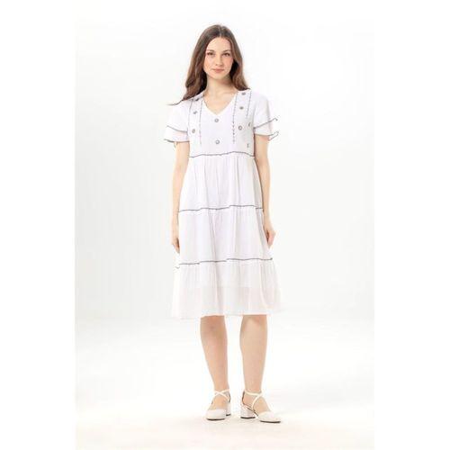 Kısa Kol Pullu Işıl V Yaka Şile Bezi Yazlık Midi Boy Otantik Elbise Beyaz Byz