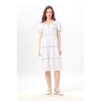 Kısa Kol Pullu Işıl V Yaka Şile Bezi Yazlık Midi Boy Otantik Elbise Beyaz Byz