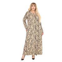 Melsay Butik Krem Yaprak Desen Uzun Kollu Kadın Tesettür Elbise