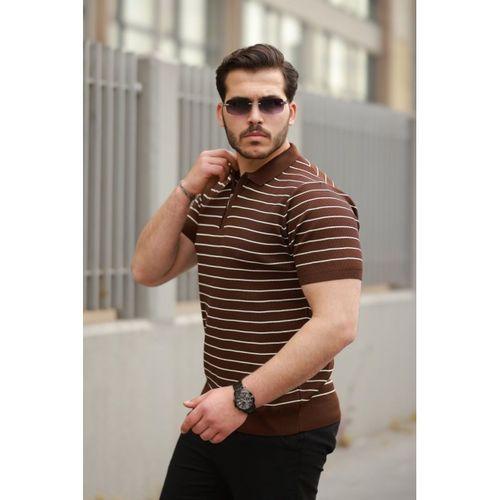 Erkek Fermuar Yakalı çizgili Kısa Kollu T-shirt