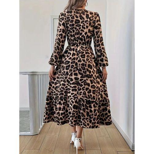 Uzun Kollu Bisiklet Yaka Leopar Desenli Midi Süprem Elbise