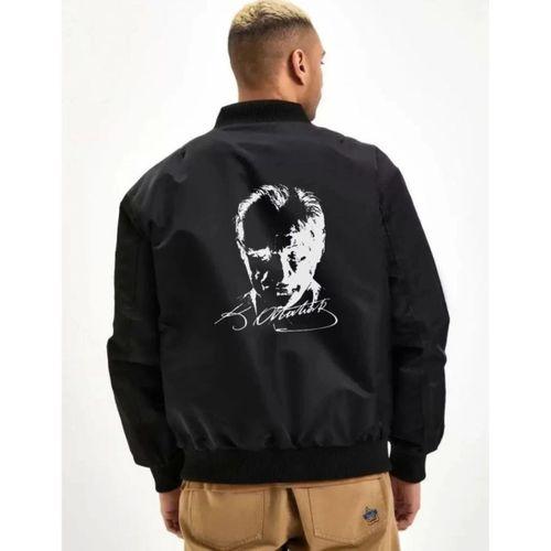 Unisex Uzun Kol Baskılı Bomber Ceket - Siyah