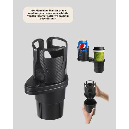 Araba Çift Bardak Tutucu 360° Dönebilen İkisi Bir Arada Ayarlanabilir